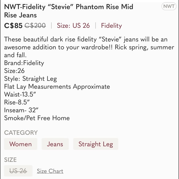 NWT-Fidelity “Stevie” Phantom Rise Mid Rise Jeans - Picture 5 of 5